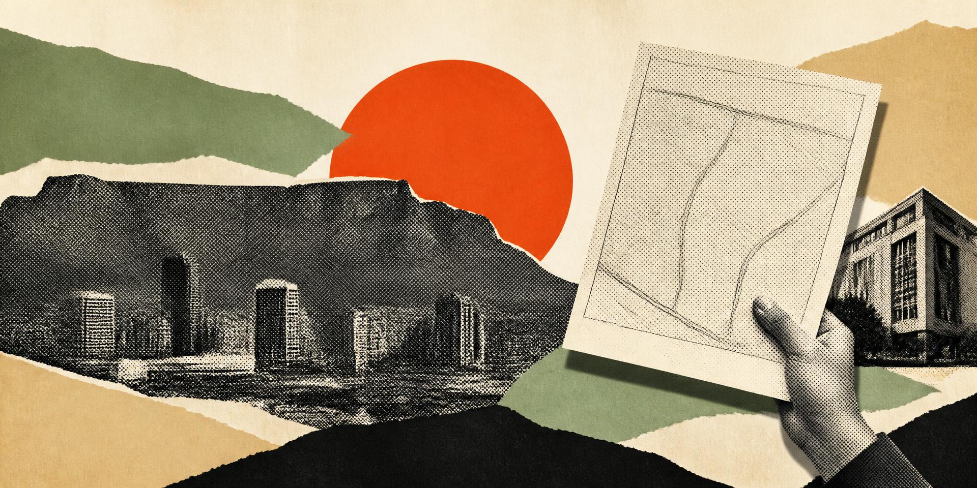 Paper collage of Table Mountain, the Cape Town skyline and a hand holding a cadastral site plan