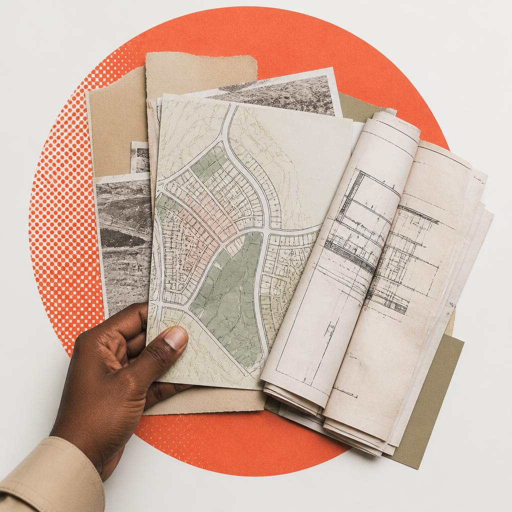 A hand holding South African town planning documents and blueprints