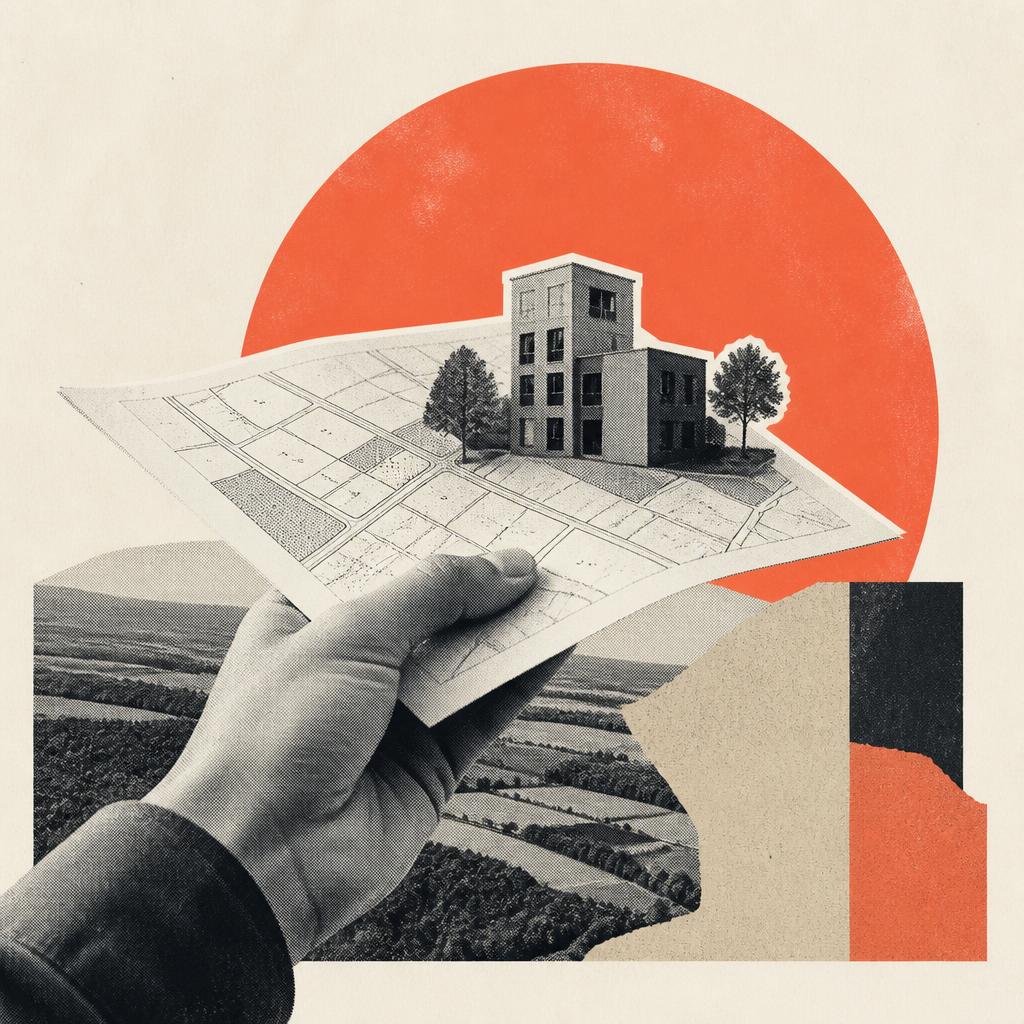 Collage of a hand holding a site plan with a building