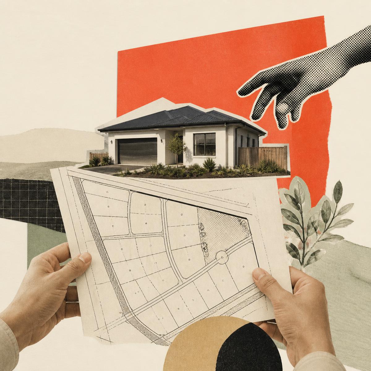 Collage of hands holding a property blueprint with a house