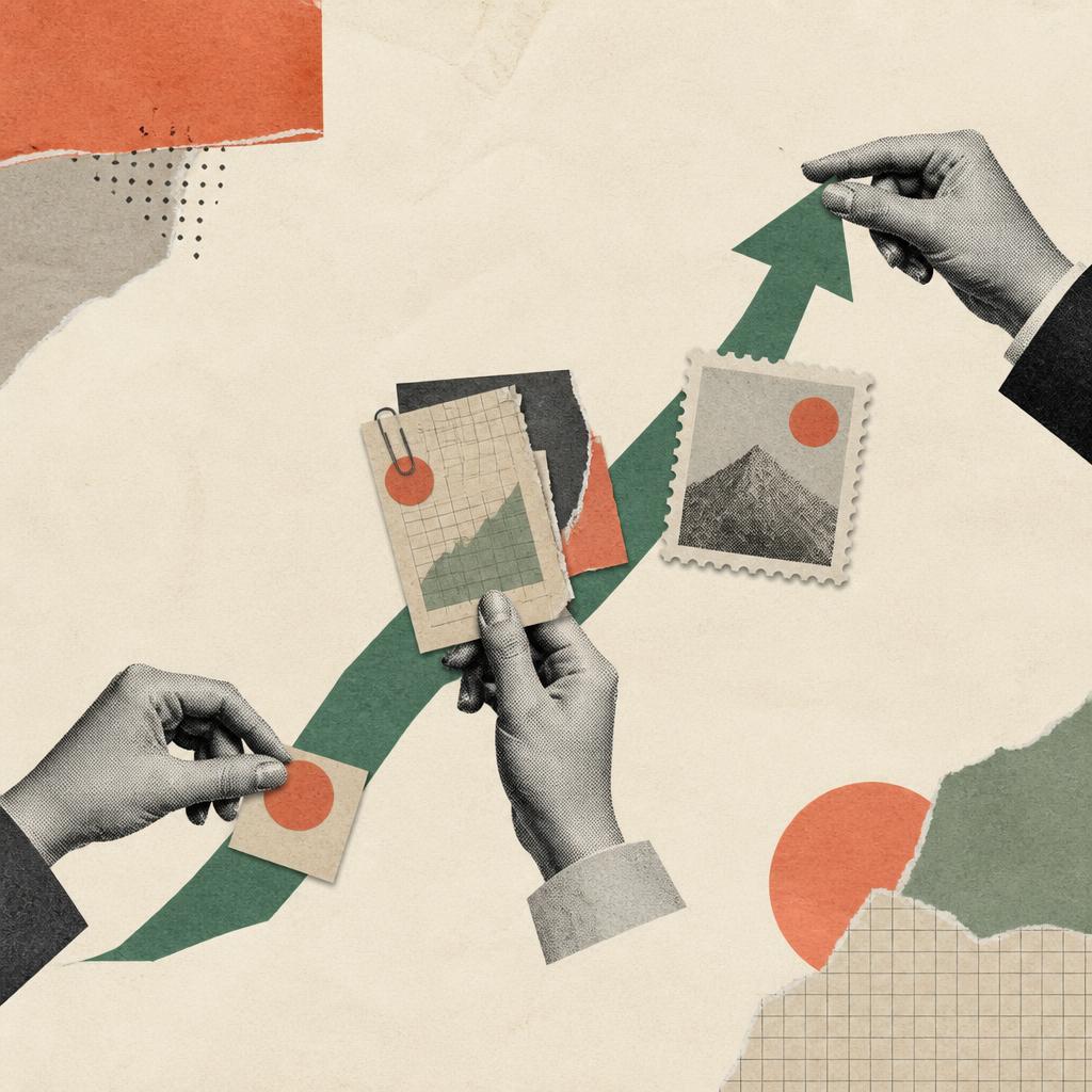 Collage of hands passing documents along an upward path