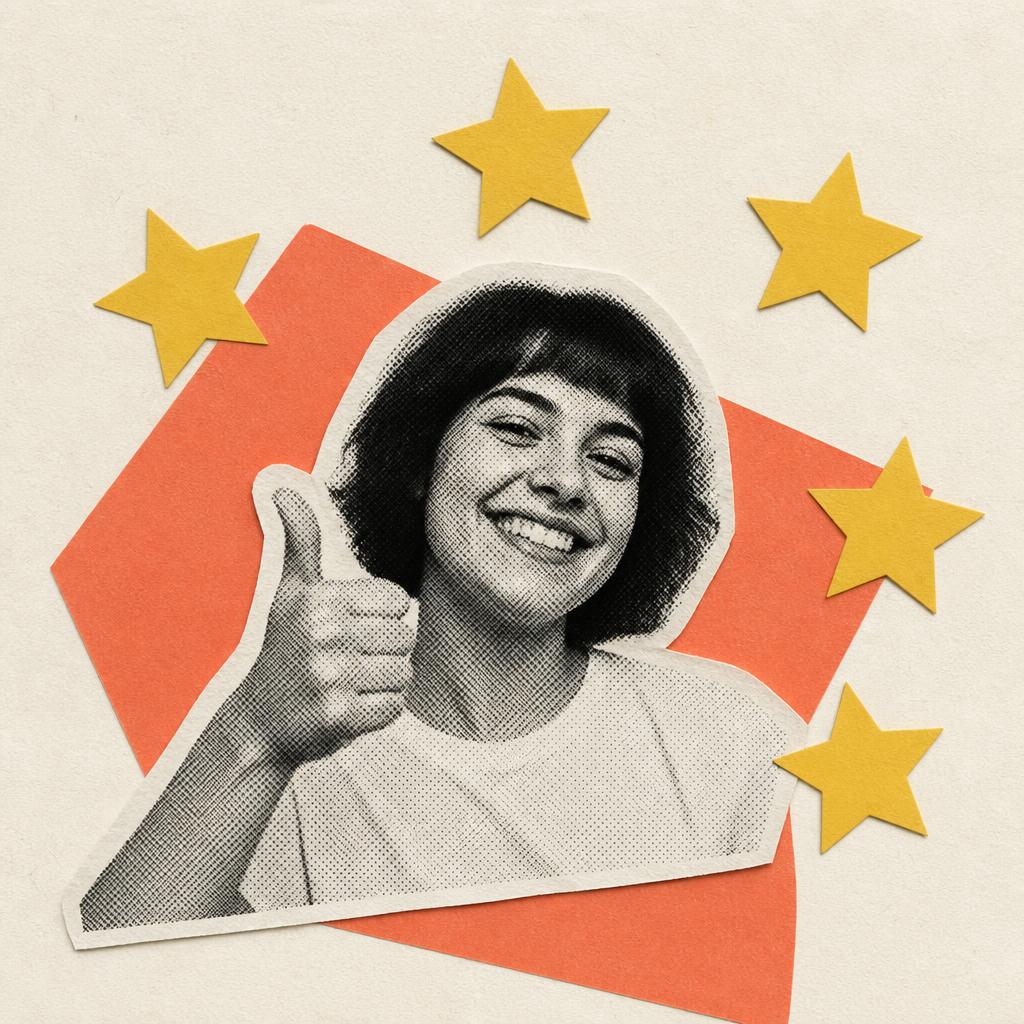 Collage of a smiling person giving a thumbs up with gold stars