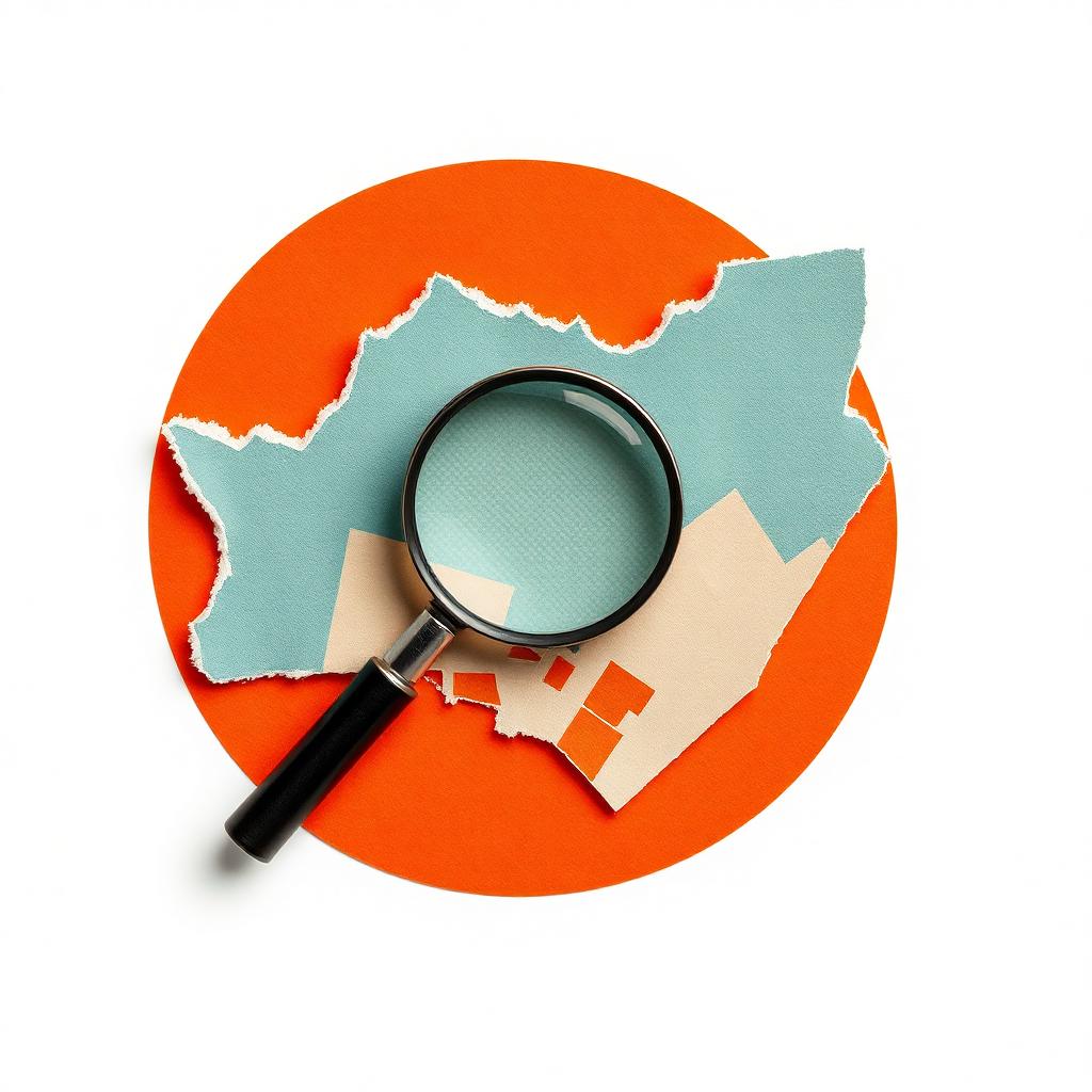 Paper collage of a city zoning map with a magnifying glass over one erf